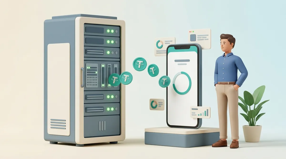 A server rack running with green status lights while the payment beside it is still confirming on a phone, with coins in flight between the two