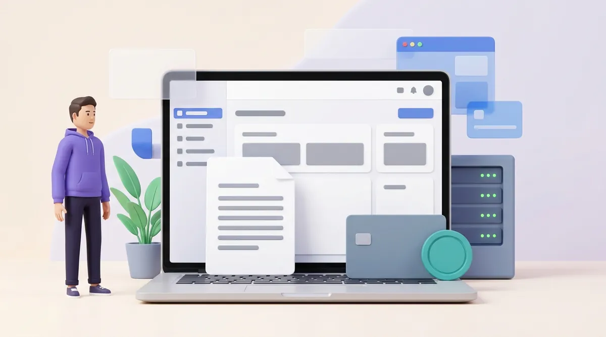 A hosting admin dashboard open on a laptop with an invoice on screen, a bank card and a stablecoin coin standing side by side beside it as two payment methods, and a server rack behind