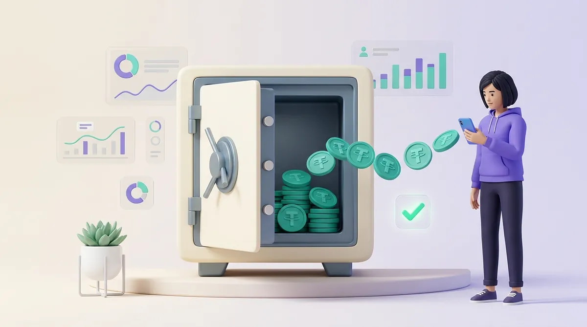 An open safe holding stablecoins, part of them flowing back out to the customer's phone and the rest staying inside