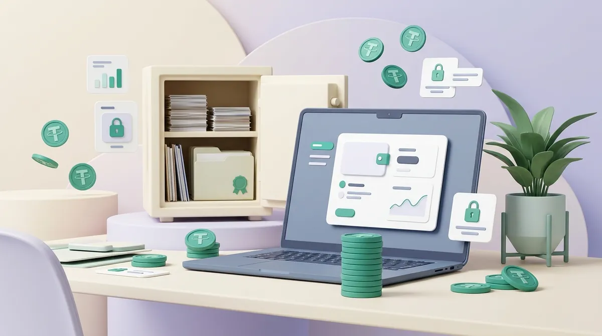 A desk with a laptop showing a wallet balance, a stack of teal stablecoin tokens and an open safe with reserve documents behind it