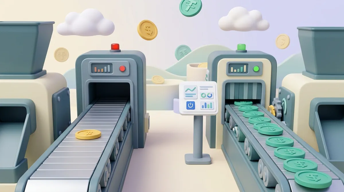 Two coin production lines: the left machine is switched off with a red indicator and a single yellow coin left on the belt, the right one keeps running with teal stablecoin tokens