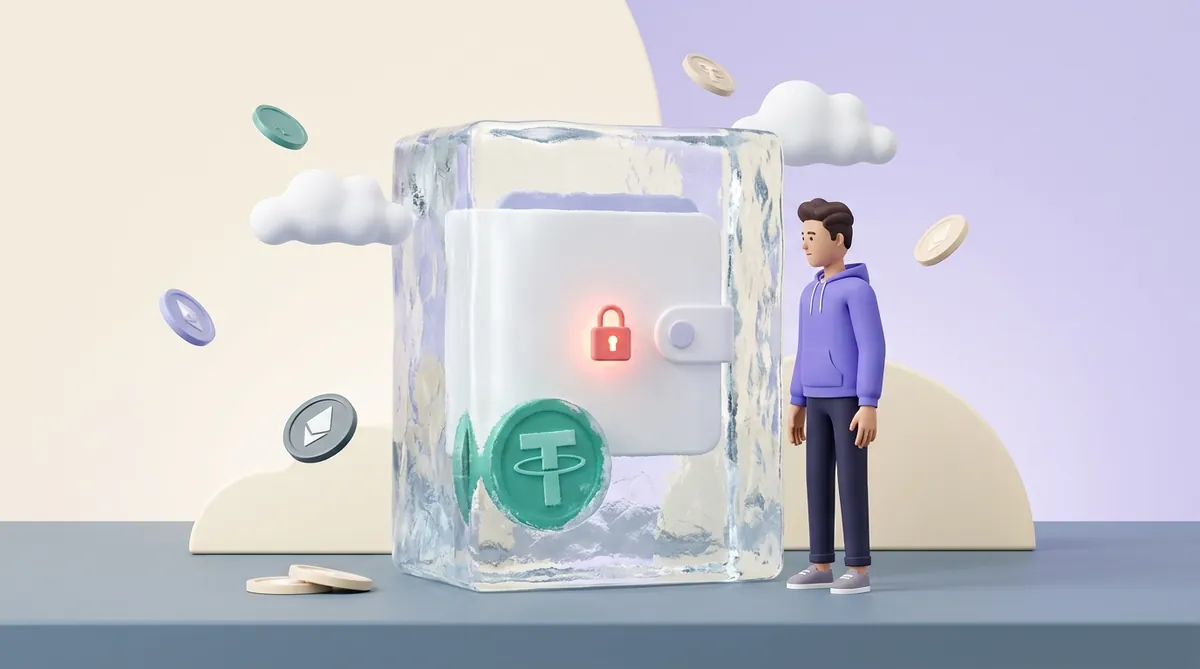 A wallet card frozen inside a block of ice with a red padlock indicator, a stablecoin token visible but immobile inside