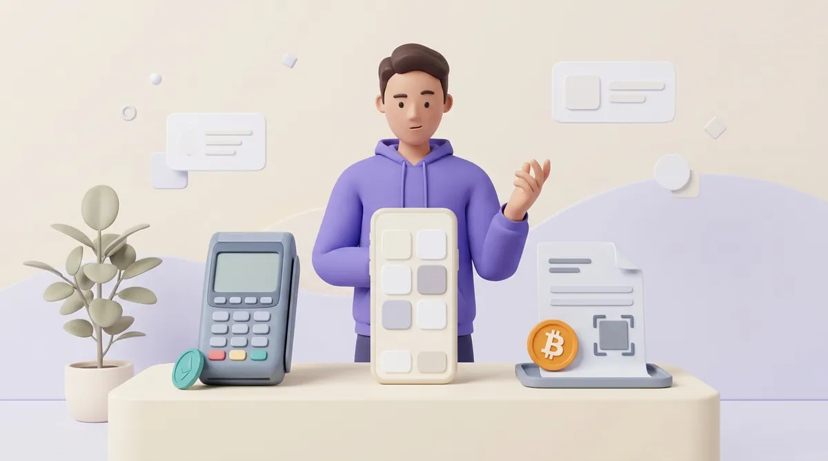 Three ways to take payment lined up on a podium - a card terminal, a phone with a grid of app tiles, and a paper invoice with a bitcoin coin - while a shop owner looks them over.