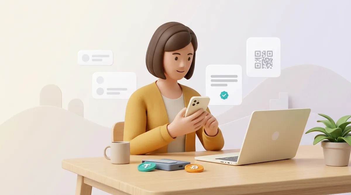 A buyer at a kitchen table reading an order confirmation on her phone, with a hardware wallet, tether and bitcoin coins on the table beside her laptop.