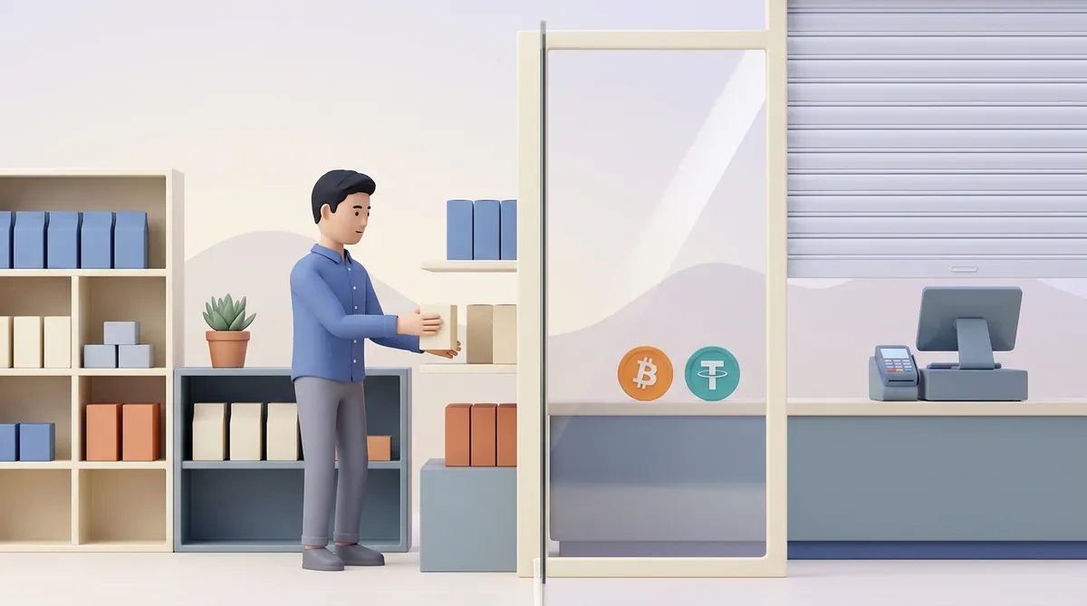 A shop split by a glass partition: open shelves and a shop assistant on one side, a shuttered checkout counter with a card terminal on the other, bitcoin and tether coins stopped at the glass.