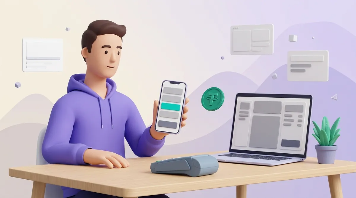 A person holding a phone with a payment screen where one network row is highlighted, an open laptop with a checkout panel across the desk, and a tether coin travelling between them.