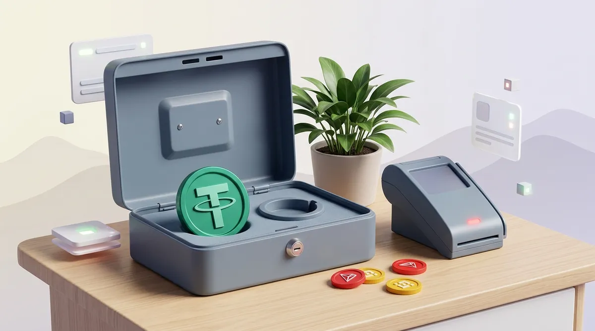An open cash box holding one large tether coin with an empty slot beside it, while small tron and bnb coins lie scattered out of reach on the desk.