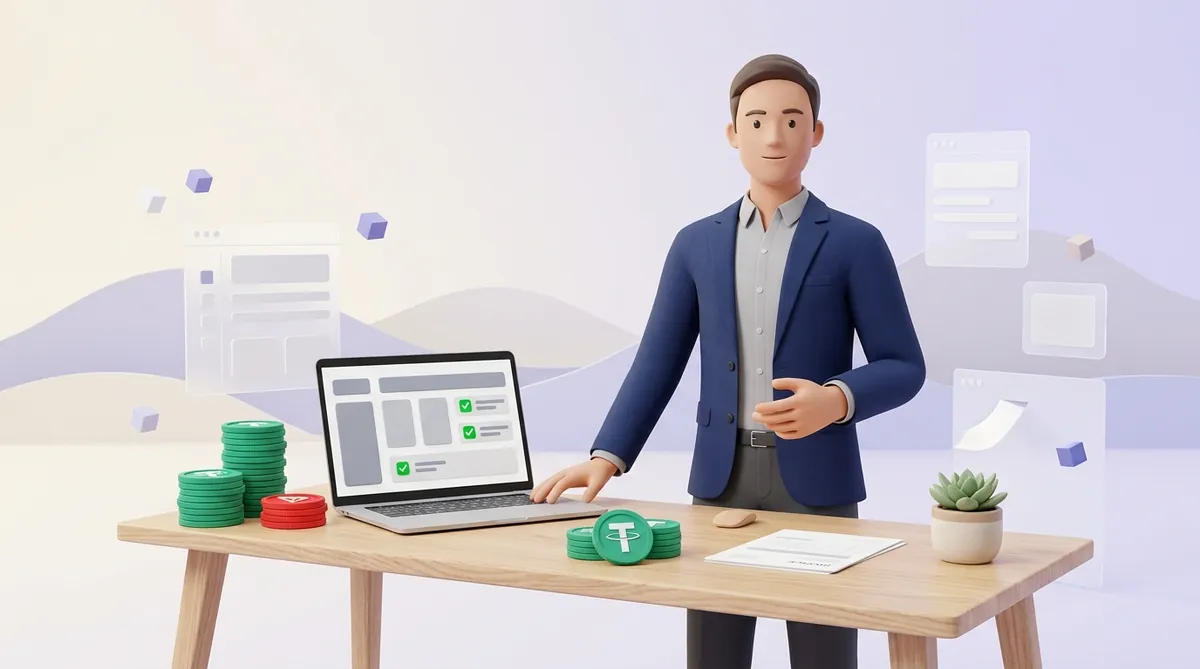 A person in a blue blazer at a desk beside a laptop dashboard with green checkmarks, next to stacks of tether coins of different heights and one small stack of tron coins.