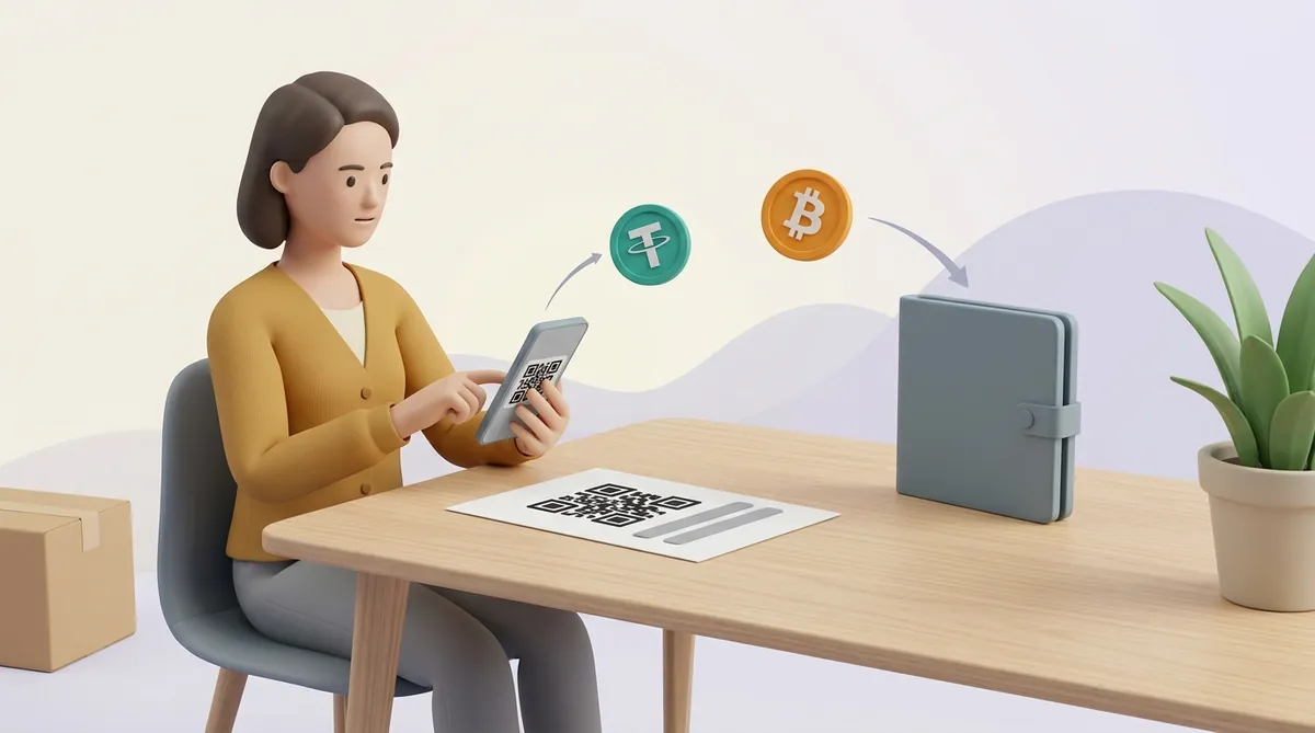 Покупательница за столом считывает QR-код с бумажного счёта телефоном, а монеты USDT и биткоина летят через стол к кошельку на дальнем краю.