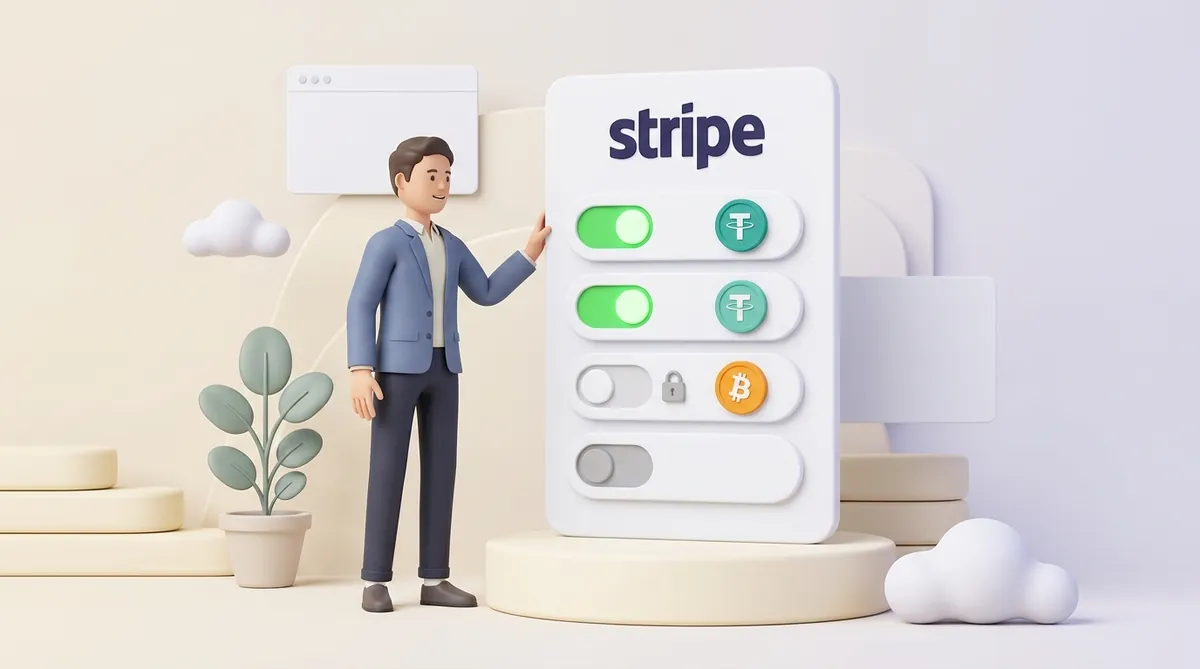Мужчина в синем пиджаке тянется к панели настроек Stripe с четырьмя переключателями: два включены зелёным, один погашен, и рядом с ним висит замок