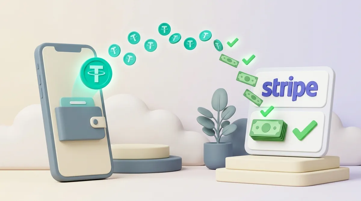 Монеты USDT поднимаются с экрана кошелька в телефоне и дугой долетают до панели с логотипом Stripe, превращаясь в зелёные банкноты с галочками
