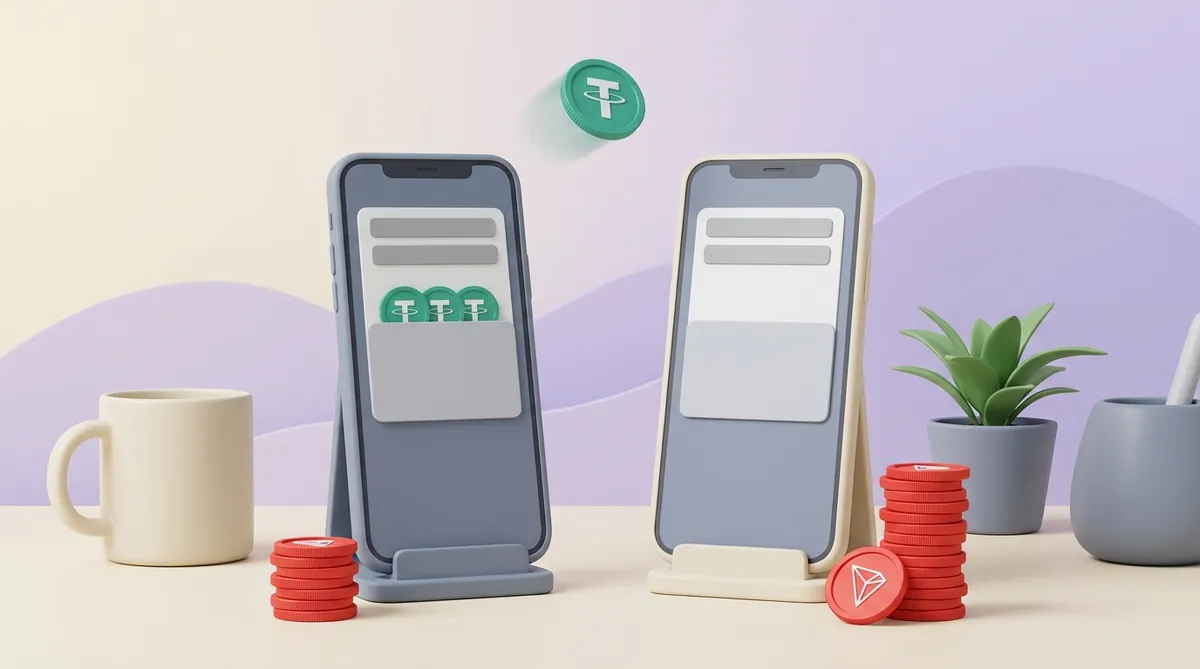 Два одинаковых телефона рядом: на экране левого уже лежат монеты USDT и перед ним короткая стопка монет TRON, у правого экран пуст, а стопка вдвое выше.