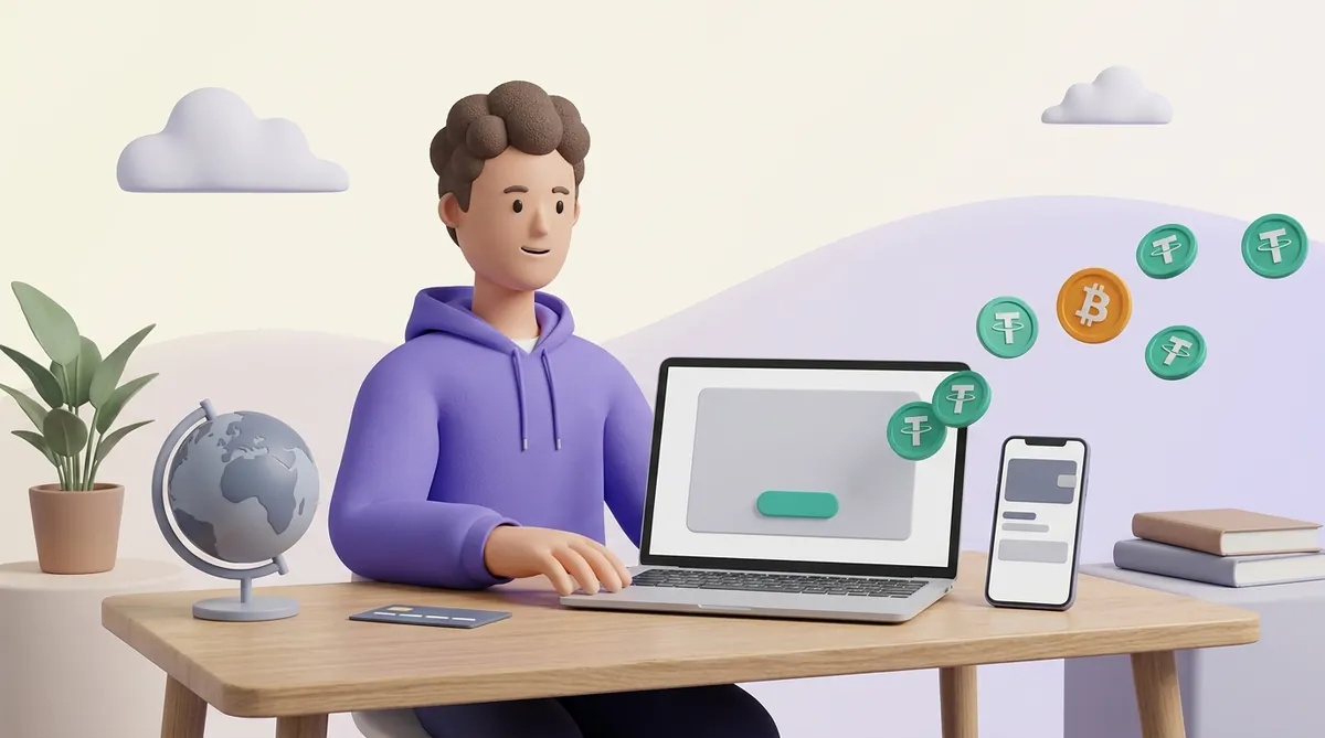 A freelancer at a desk with a laptop and a phone, teal USDT coins and one orange bitcoin flying in from the right, a small globe and a face-down bank card beside them.