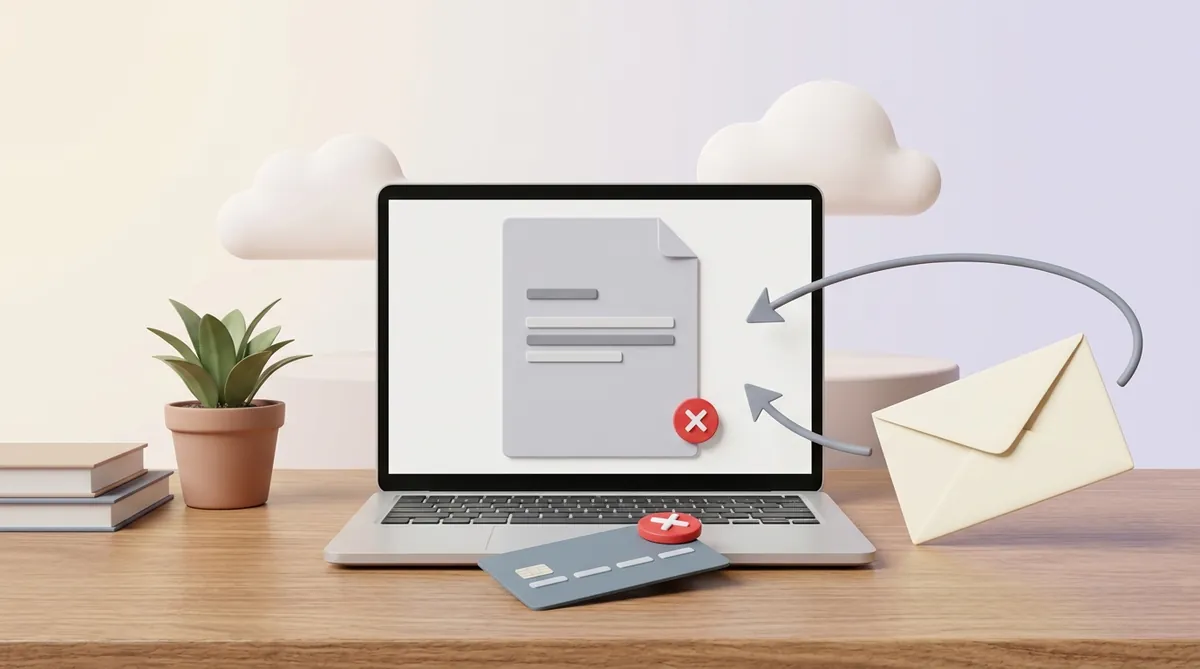 A laptop showing a rejected invoice with a red cross, a bank card with a red cross in front of it, and an envelope coming back along a looping arrow.