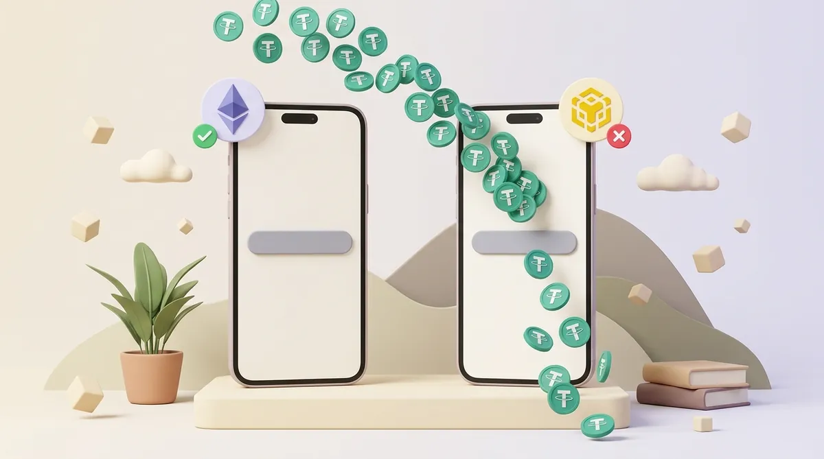 Two identical phones side by side showing the same grey address bar, an Ethereum badge with a green check above the left and a BNB Chain badge with a red cross above the right, USDT coins flying at the right phone and tumbling past it.