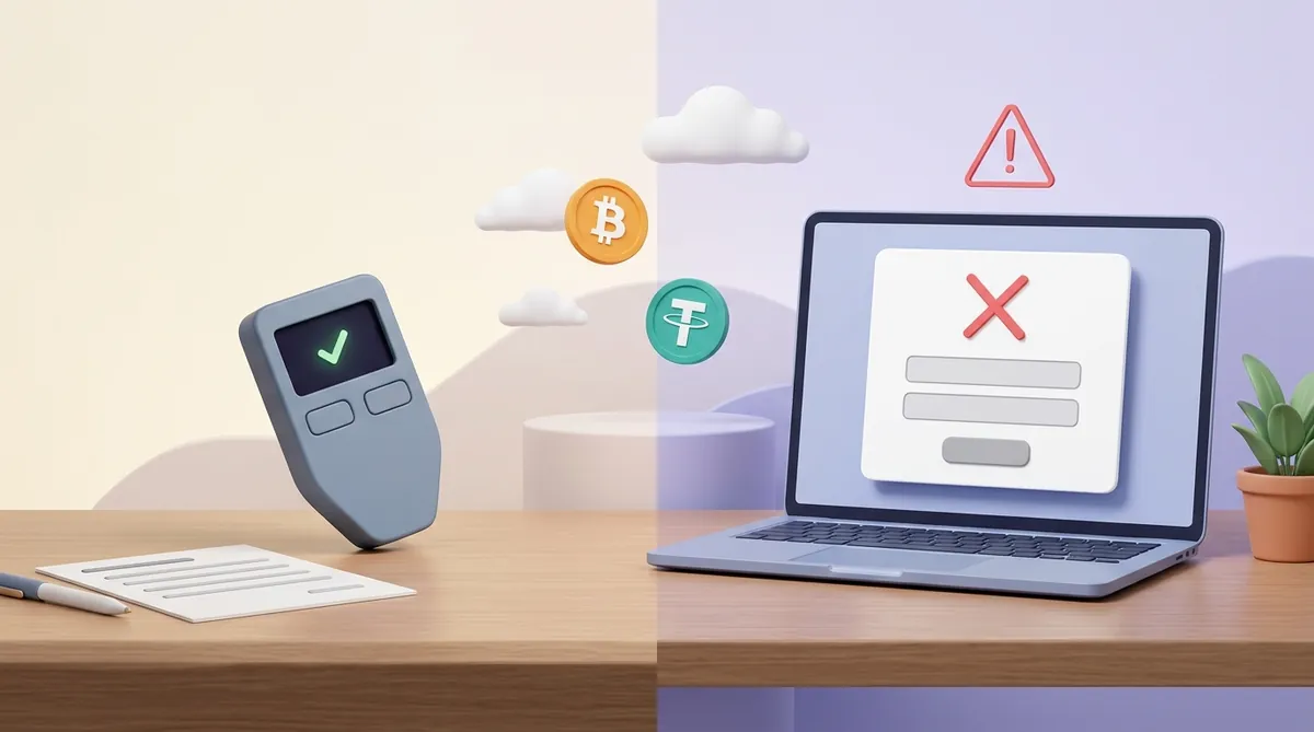 A hardware wallet on a desk with a green check on its own small screen and a blank paper card beside it, next to a laptop showing a pop-up crossed out in red.