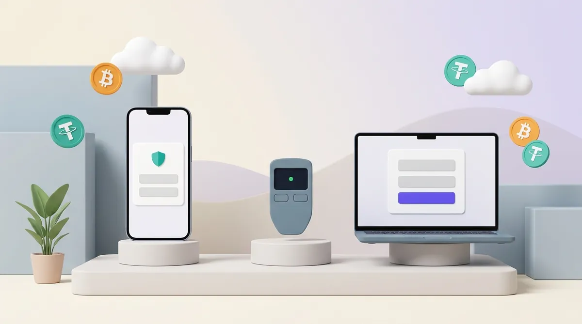 Three wallet types side by side on podiums: a phone showing a wallet app, a small hardware wallet device, and a laptop showing an exchange login screen.
