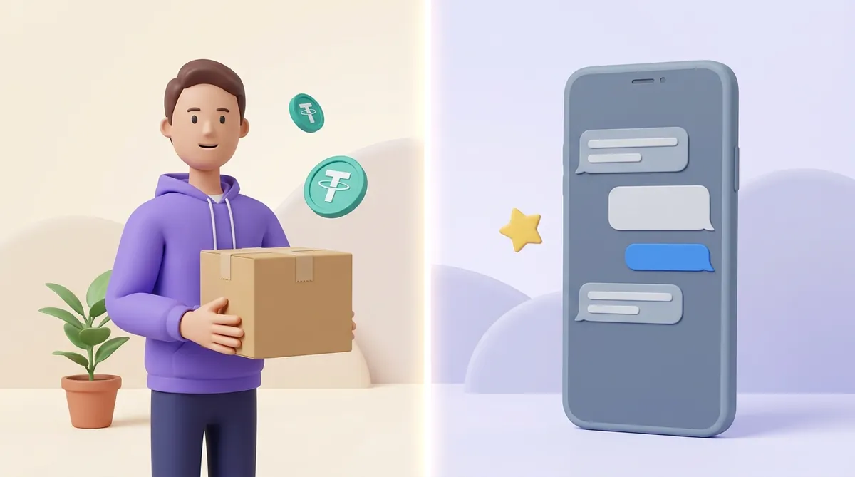 A courier holding a parcel and a phone showing a private chat inside Telegram - two kinds of purchase that get paid for differently