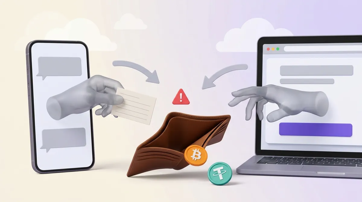 Two grey stranger hands reach out of a phone chat and a laptop browser window toward an open empty leather wallet between them, the last bitcoin and USDT coins rolling out of it under a red warning sign.