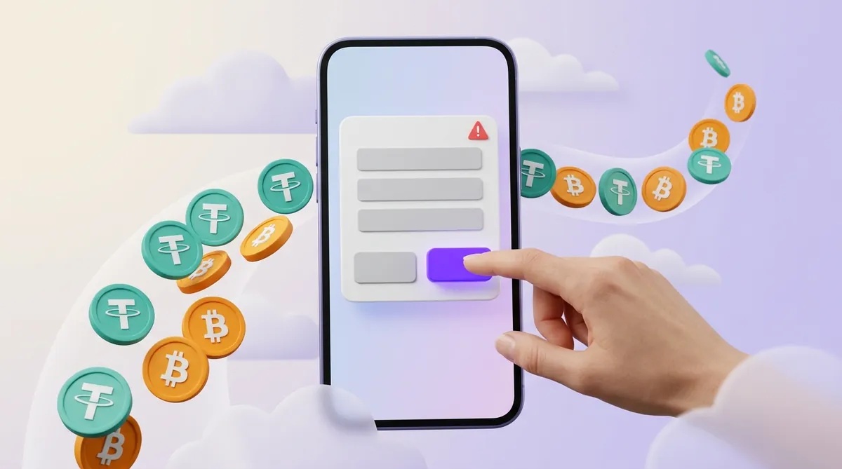 A phone showing a wallet signature request with blank grey rows and a violet confirm button, a finger hovering over it while USDT and bitcoin coins stream out of the screen.