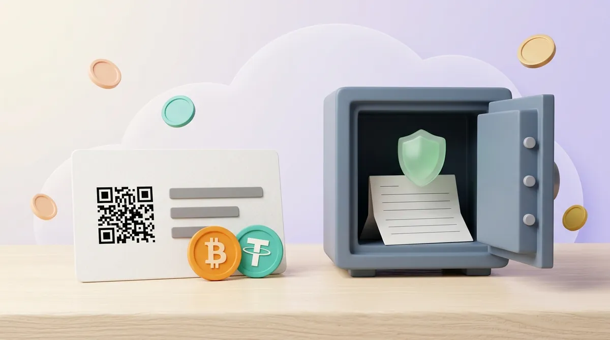 Визитка с QR-кодом и монетами биткоина и USDT лежит открыто на столе, рядом сейф с распахнутой дверцей, внутри которого лист с пустыми строчками под зелёным щитом.