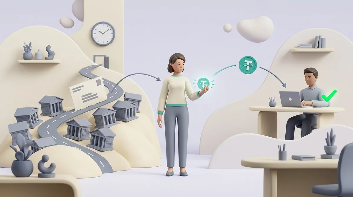 A woman holds a teal Tether coin: behind her on one side an envelope crawls a winding road past small grey bank buildings under a clock, on the other the coin flies straight to a man at his laptop with a green checkmark