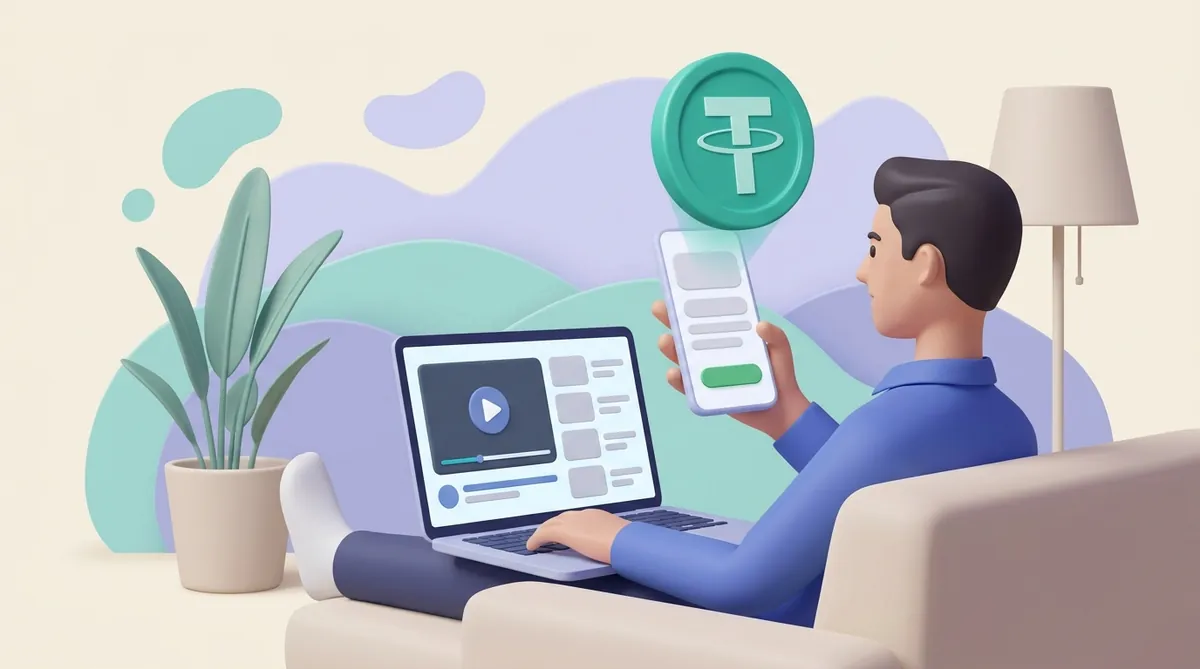 A student on a sofa with a course open on his laptop, paying from the wallet on his phone as a USDT coin lifts off the screen