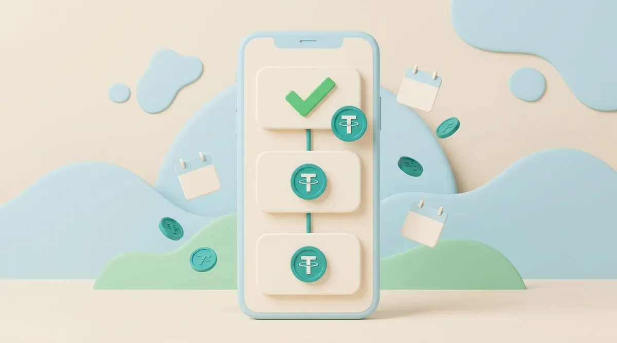 Three course payment links on a phone as a timeline, the first one ticked off, each carrying a USDT coin