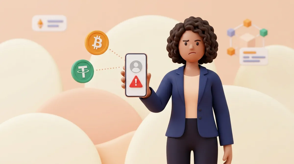 A woman frowns at an incoming call on her phone with a grey avatar and a red warning triangle instead of a caller name, while bitcoin and tether coins float nearby