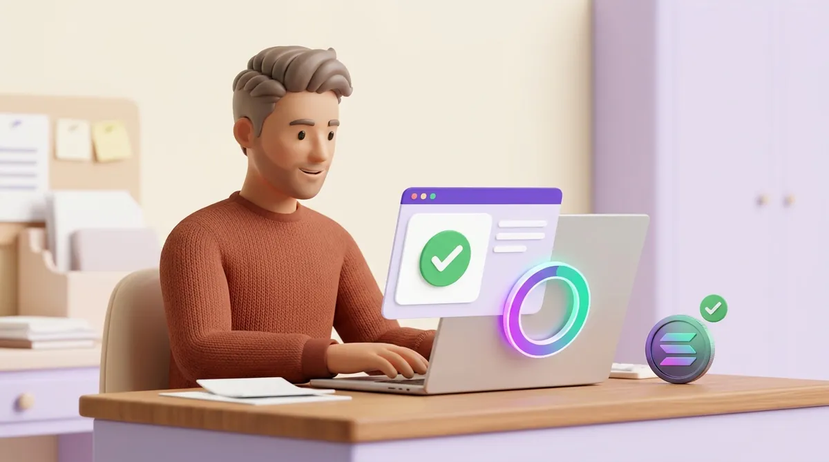 A shop owner sees a paid order on his laptop next to a timer in Solana colours, with a SOL coin and a green check beside it
