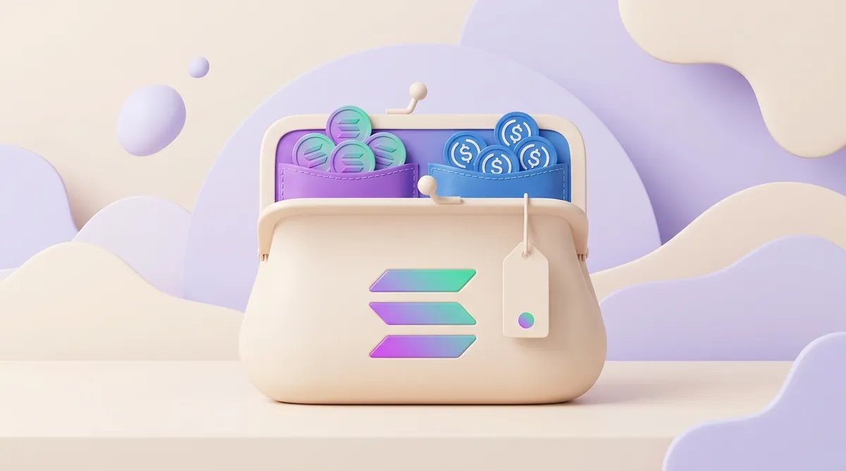 One purse with the Solana logo and two pockets, a purple one full of SOL coins and a blue one full of USDC coins
