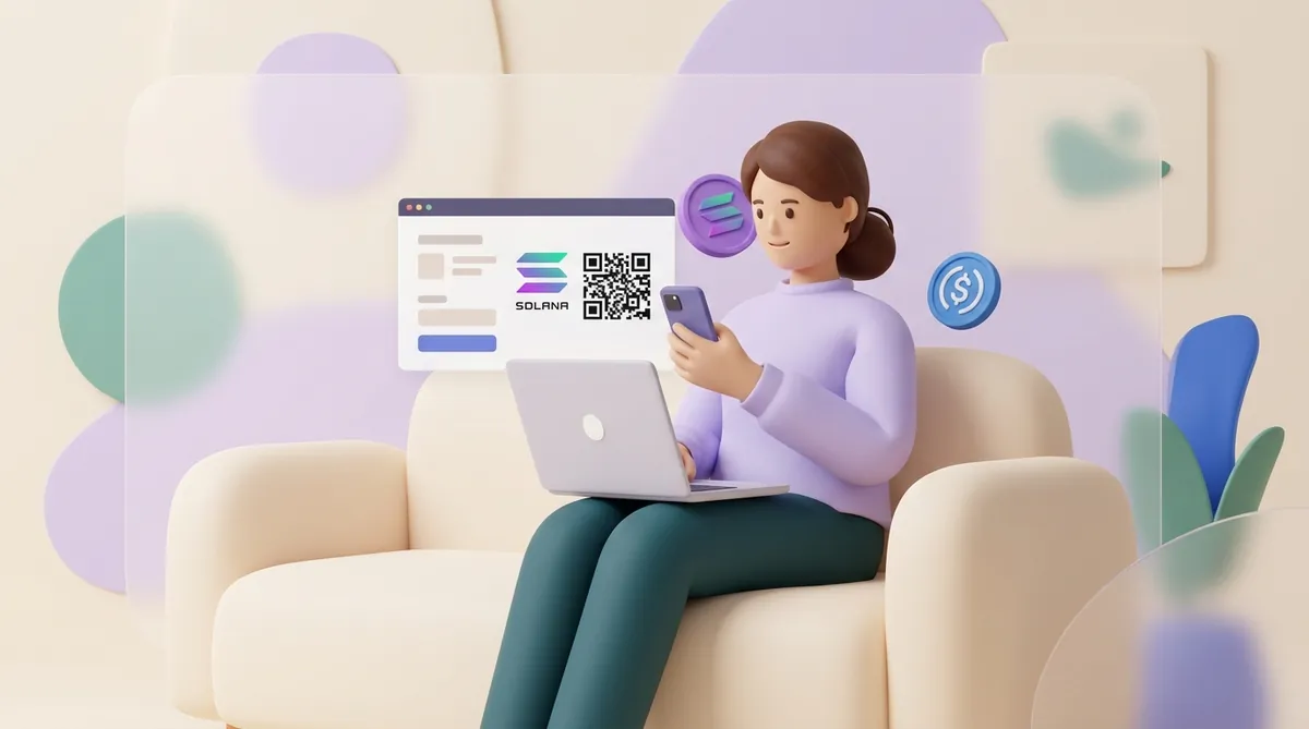 A woman on a sofa pays an online shop by scanning a Solana QR code on her laptop, with SOL and USDC coins beside her phone