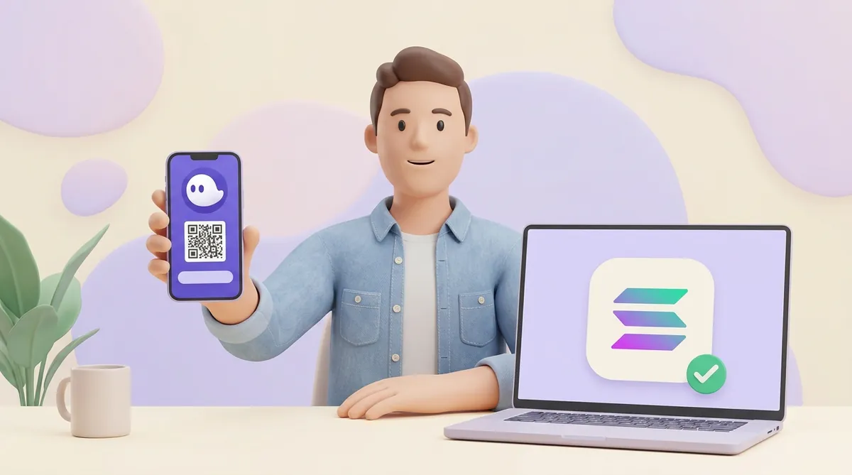 Мужчина показывает телефон с кошельком Phantom и QR-кодом адреса, на ноутбуке рядом выбрана сеть Solana