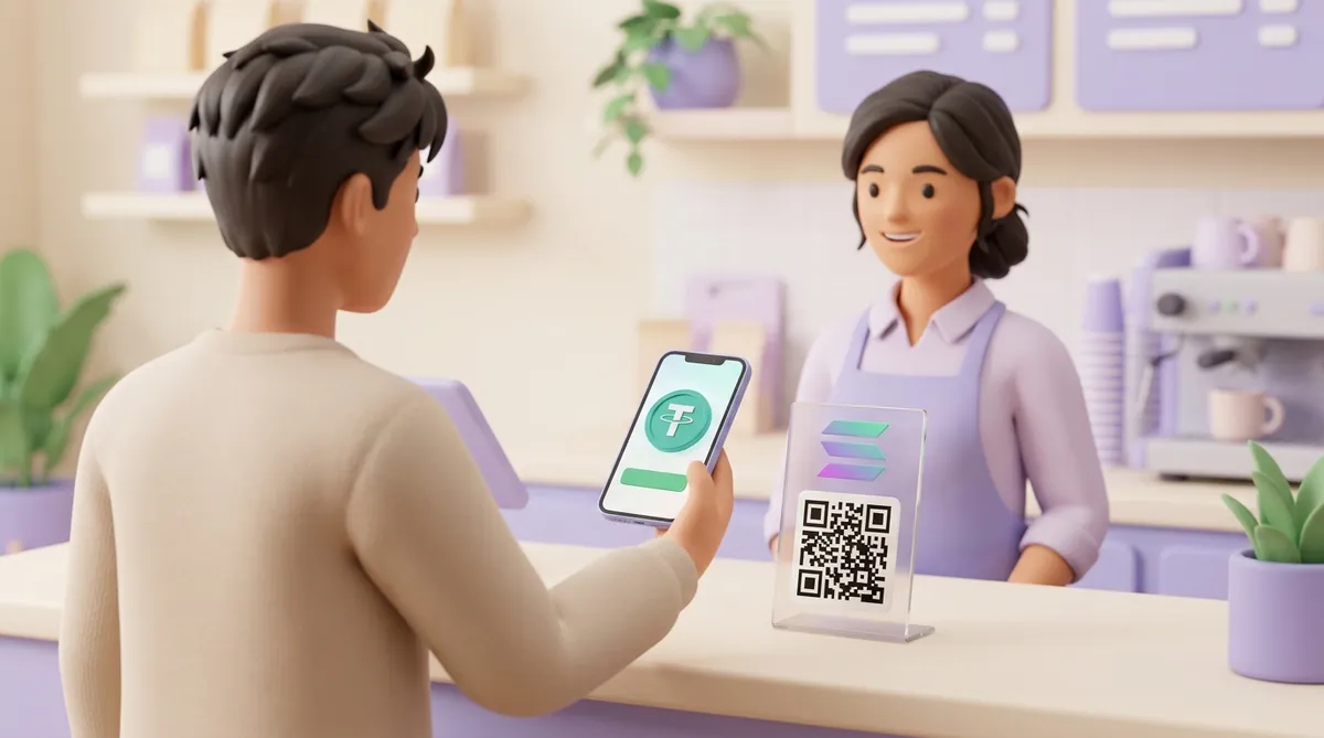 Покупатель в кафе наводит телефон на QR-код с логотипом Solana, на экране телефона монета USDT