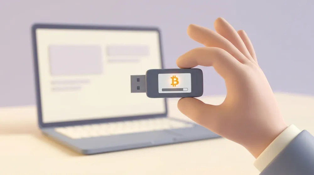 A hand holds up a small graphite device the size of a USB stick; its tiny screen shows a bitcoin symbol above an address line, with a laptop blurred behind it