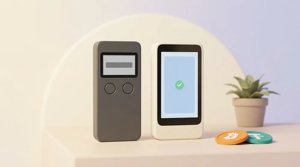 Two hardware wallets side by side: a graphite one with a small screen and two round buttons, and a white one with a colour touchscreen showing a green tick, bitcoin and Tether coins beside them