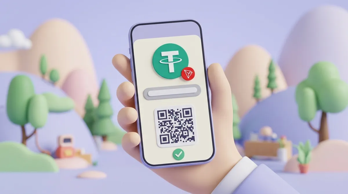 A hand holds a phone showing a crypto checkout: the green USDT logo with a small red TRON badge, an address bar and a QR code