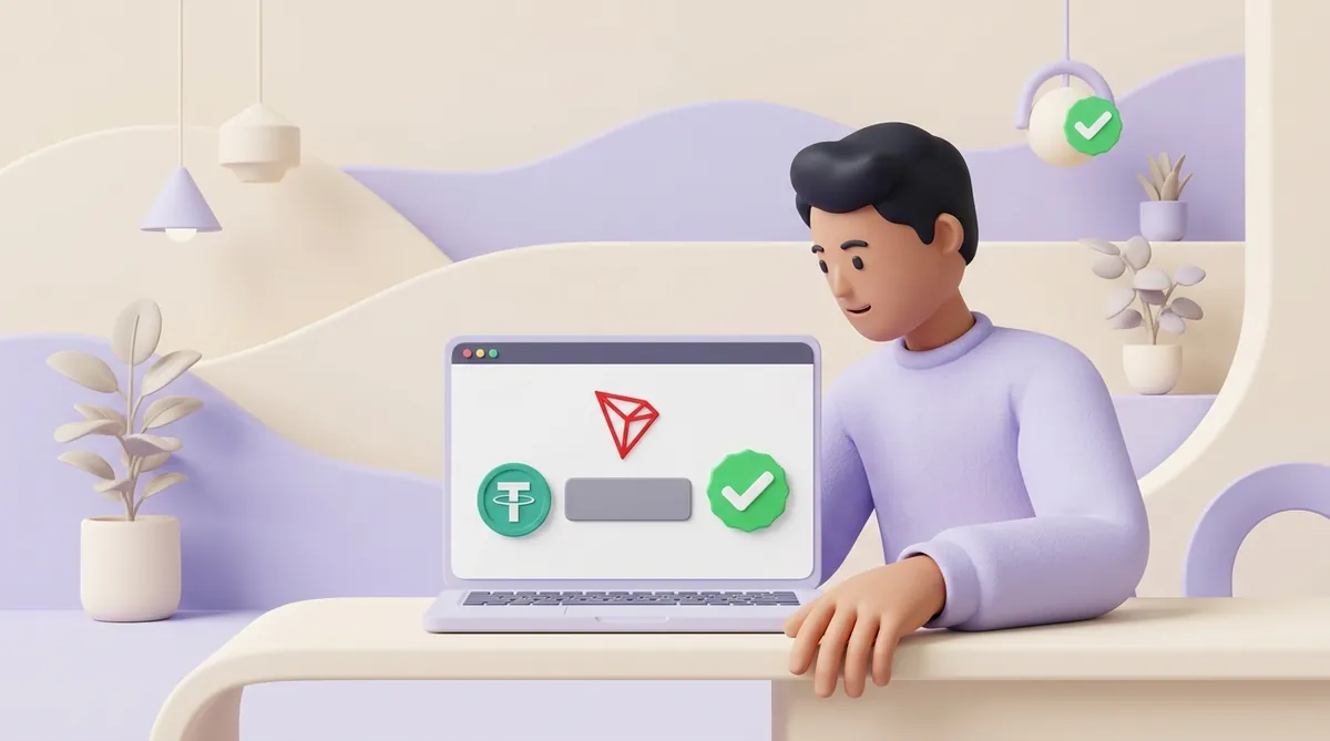 A man leans towards a laptop showing a blockchain explorer page with the red TRON logo, a USDT coin and a large green tick
