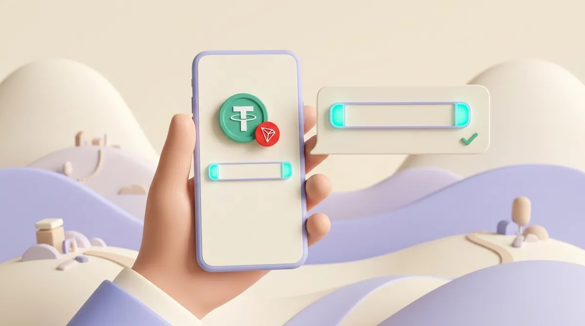 A phone wallet screen with the USDT and TRON logos and an address bar with glowing ends, beside a chat bubble holding a matching bar and a green tick
