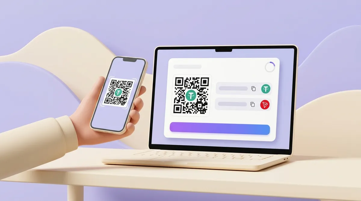 A laptop shows a payment window with a QR code, address and amount bars with copy icons, USDT and TRON logos and a countdown ring, while a hand scans the code with a phone