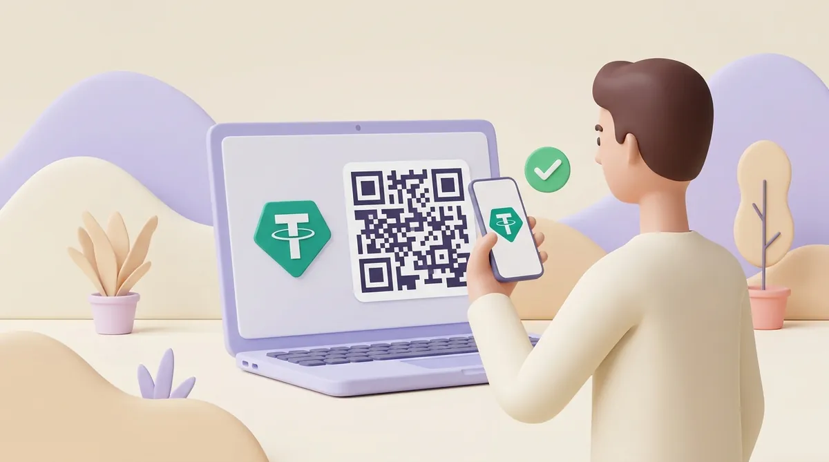 Мужчина подносит телефон к экрану ноутбука и сканирует QR-код рядом со знаком USDT