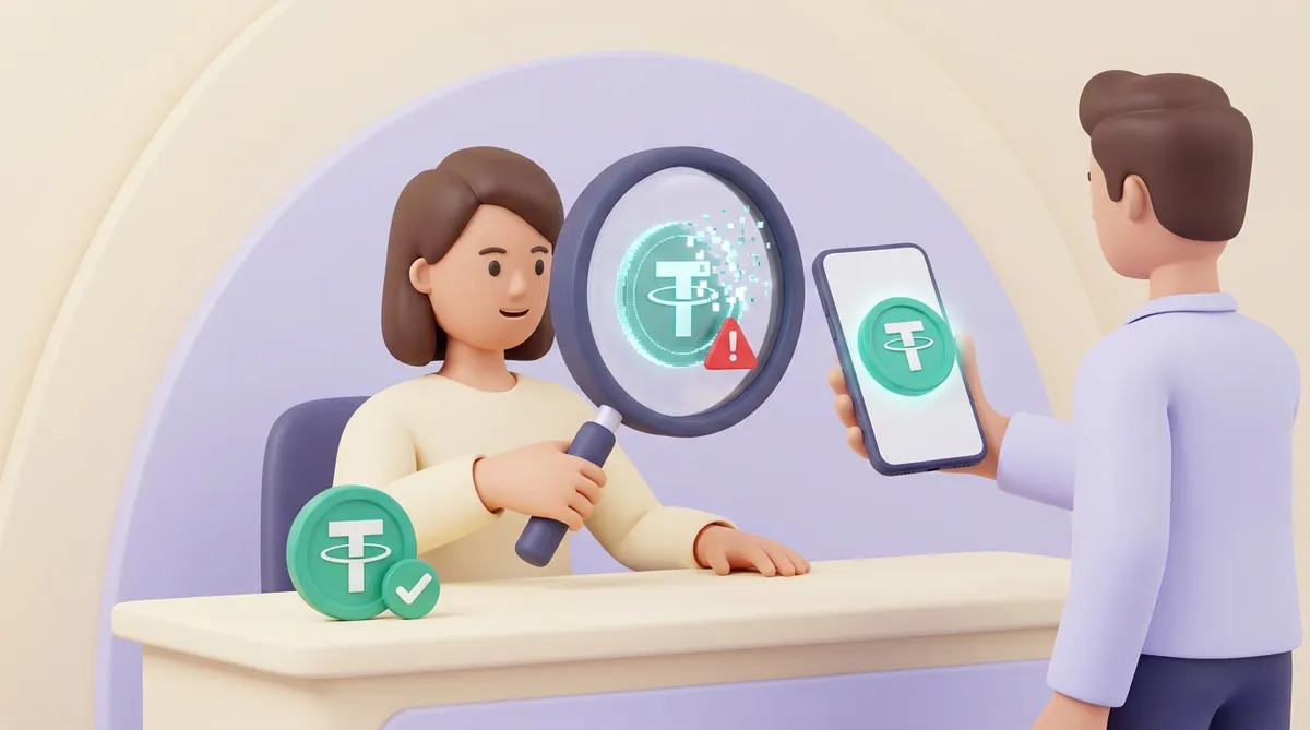 A seller examines a customer's phone through a magnifying glass: the USDT coin on screen breaks into pixels with a red warning, while a real USDT coin with a green check sits on her desk