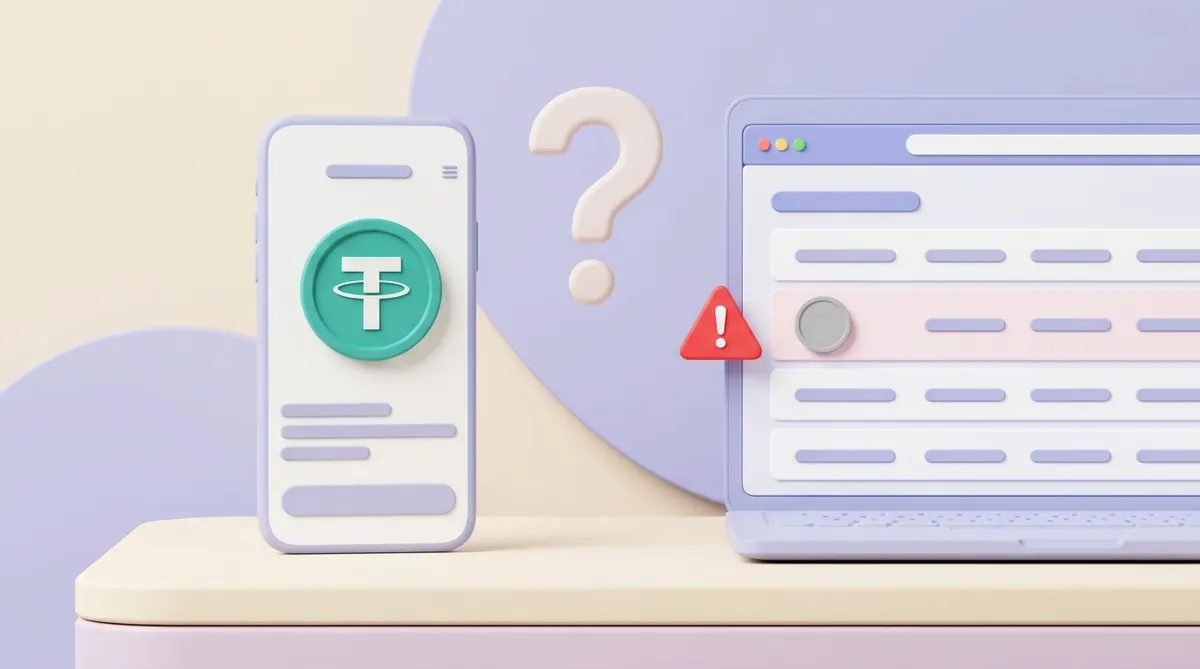 A phone shows a USDT balance with the Tether logo, while the laptop beside it marks the same token row with a plain grey coin and a red warning sign, a question mark between them
