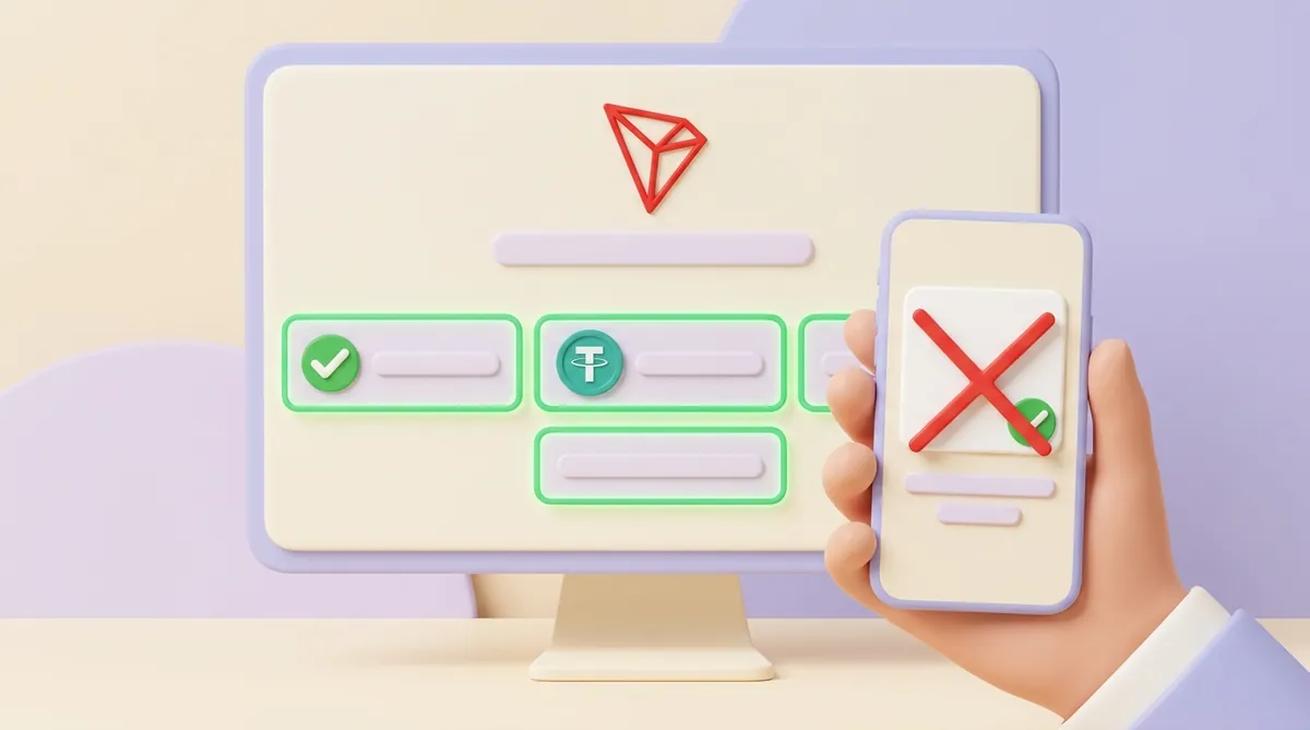 A monitor shows a TRON explorer page with fields framed in green, a checkmark and the Tether USDT logo, while a hand holds out a phone whose screenshot is crossed out with a red X