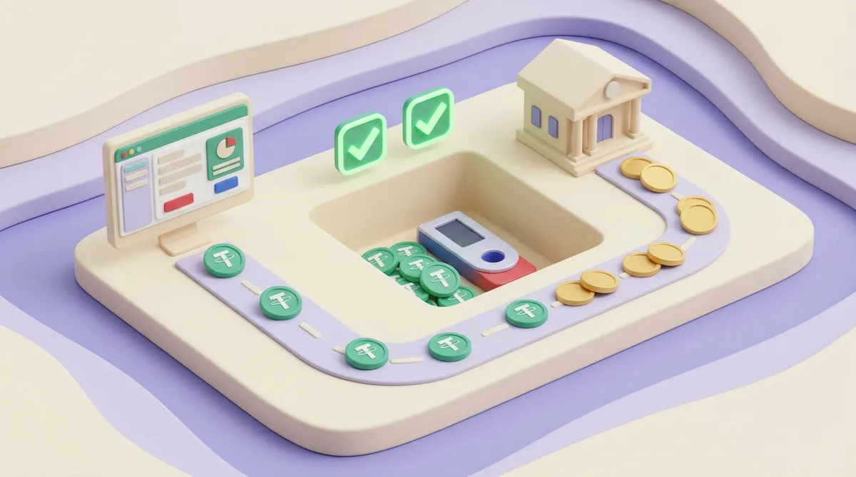 USDT coins travel from a payment dashboard into a company hardware wallet under two approval checkmarks, and the converted part reaches a bank as ordinary coins