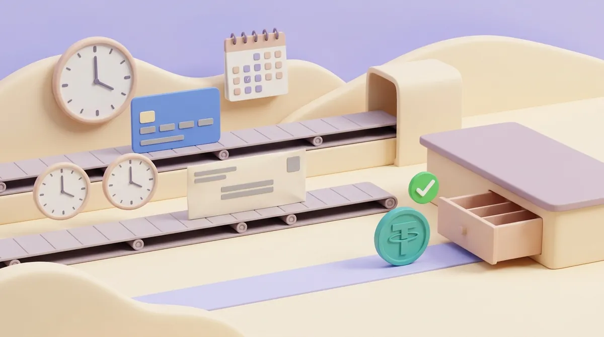 Three conveyor lanes lead to a cash drawer: a bank card beside a wall clock and a calendar, a paper transfer envelope beside two clocks, and a teal USDT coin already at the open drawer under a green tick.
