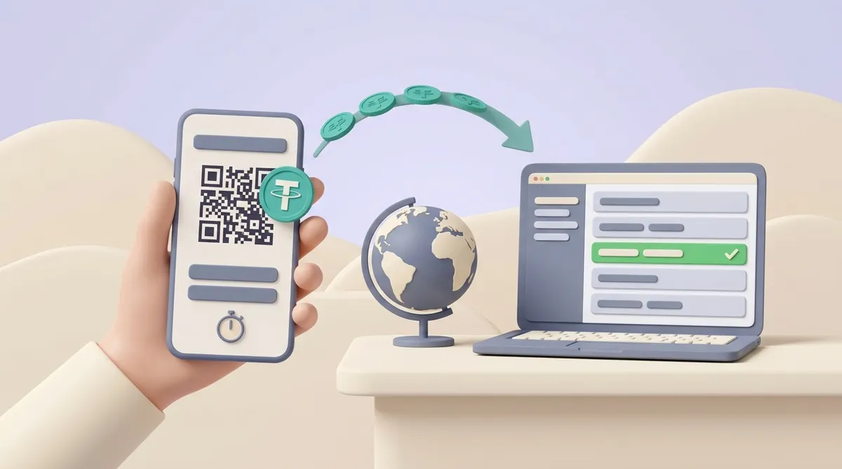 Рука держит телефон с QR-кодом, монетой USDT и таймером в окне оплаты, рядом настольный глобус, над которым дуга монет летит к ноутбуку продавца, где в списке платежей подсвечена зелёным строка с галочкой.