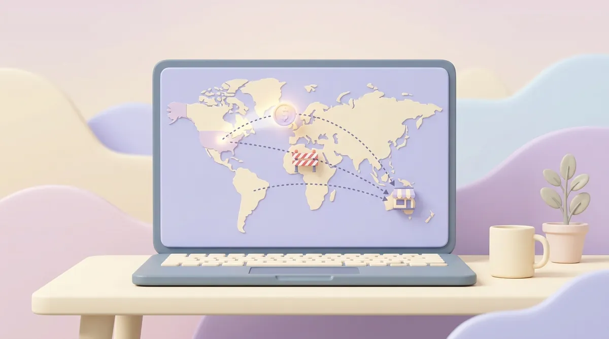 A laptop on a desk shows a pastel world map with a glowing coin travelling along dotted routes toward a small shop icon, one route blocked by a red-and-white barrier and the others open, a mug and a plant beside the laptop.