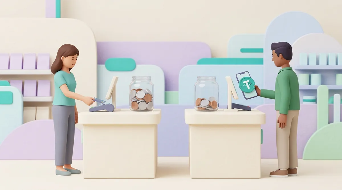 Two checkout counters: a customer pays by bank card on the left and another pays with a phone showing a USDT coin on the right; the fee jar at the card counter holds noticeably more coins than the one at the USDT counter