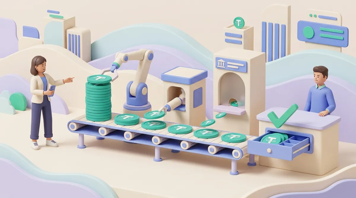 A stack of USDT coins rides a conveyor from a customer with a phone to a merchant's cash drawer; a processor robot arm takes a small slice, an exchange booth and a bank payout window take thinner ones, and most coins reach the drawer under a green tick